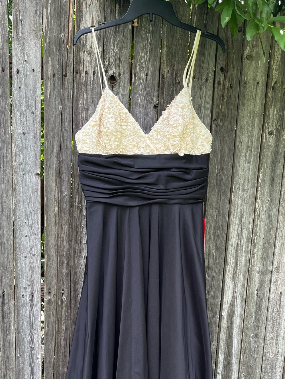 JS Collection Black and Cream Pearl Beaded Full length Gown